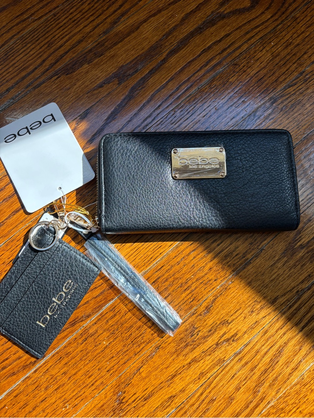 bebe Black Textured Leather Zip Wallet with Gold Plate & Keyring